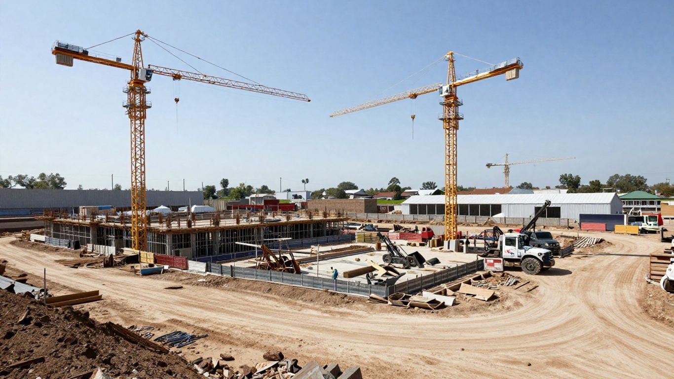 Construction site with cranes and heavy machinery.
