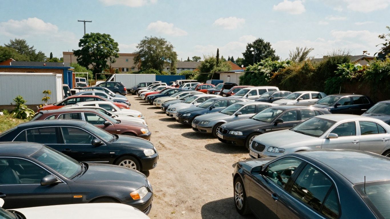A clean yard with organized vehicle racks