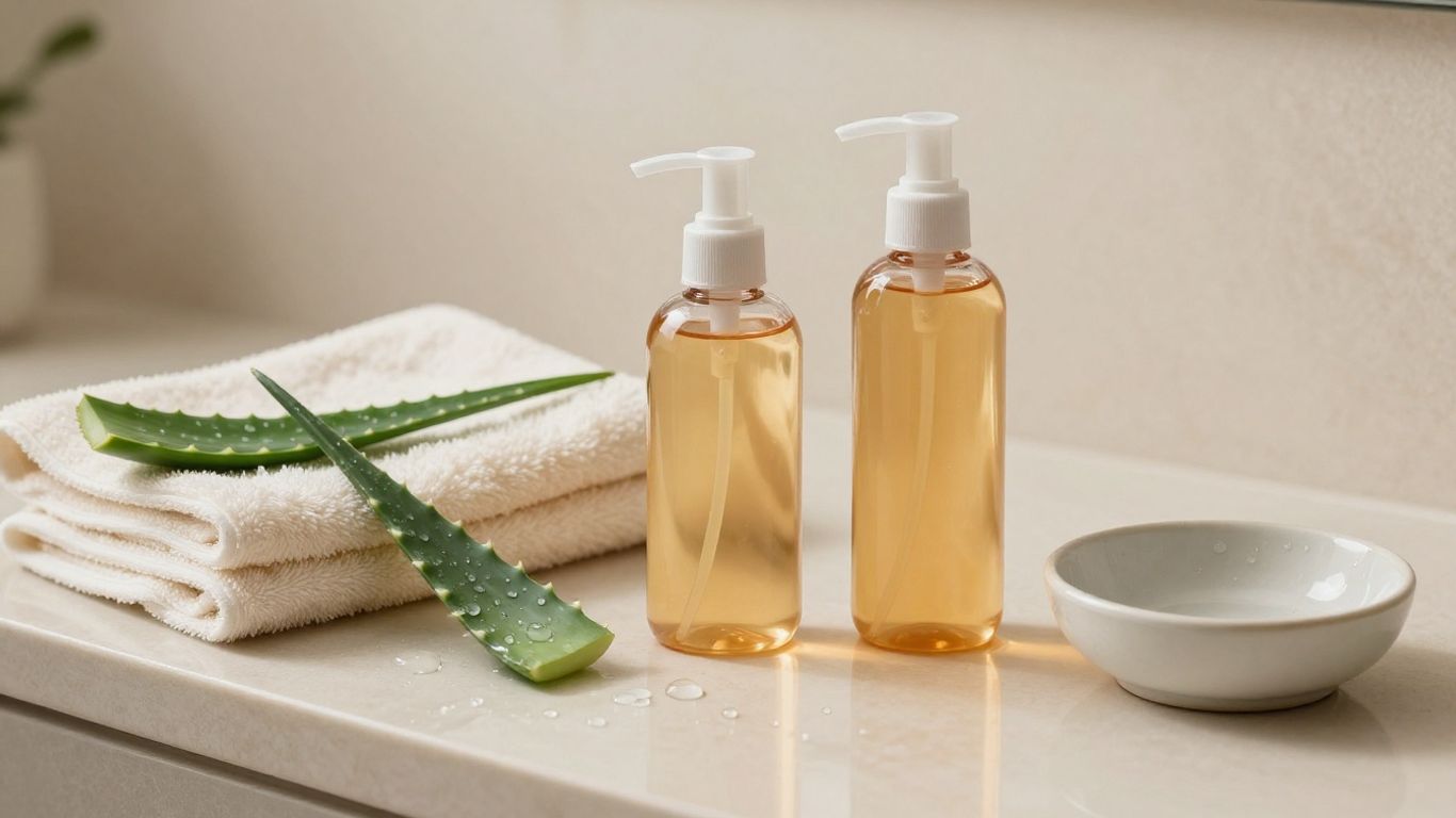 A selection of lubricant bottles beside soft towels