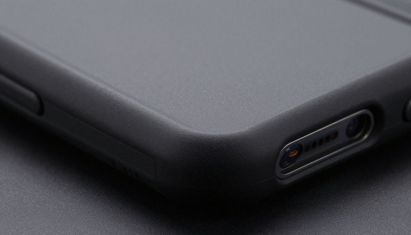 A close-up shot of the corner of a rugged, shockproof phone case, showing the reinforced material and texture