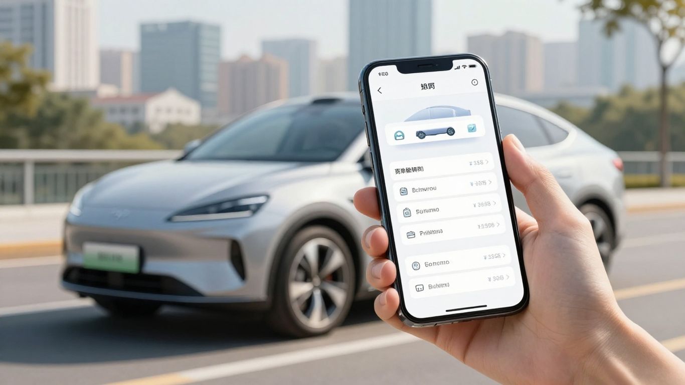 New car and smartphone with payment calculator.