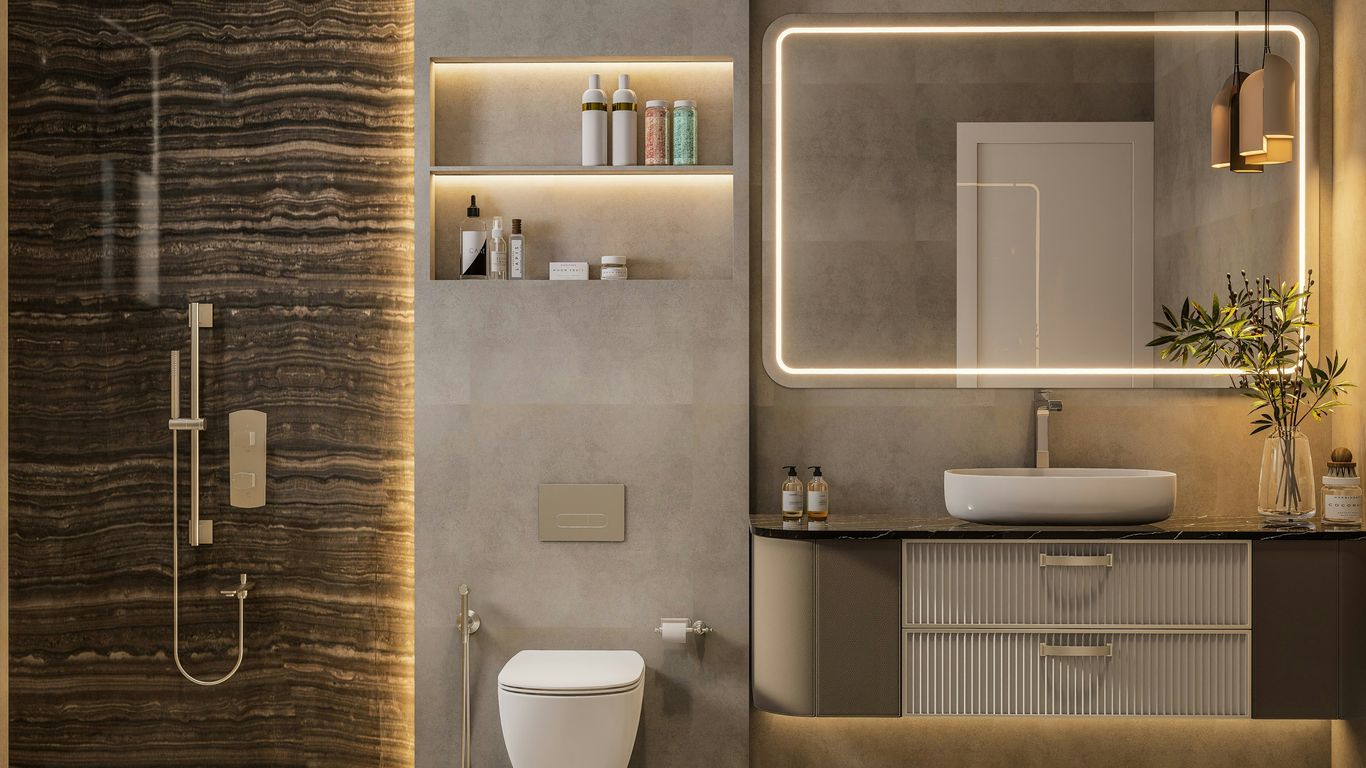 Illuminated onyx feature wall in bathroom