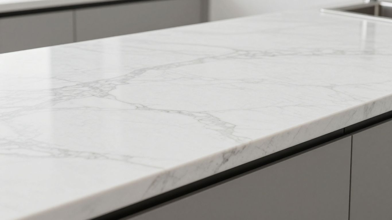 Carrara Bianco quartz countertop in a modern kitchen.