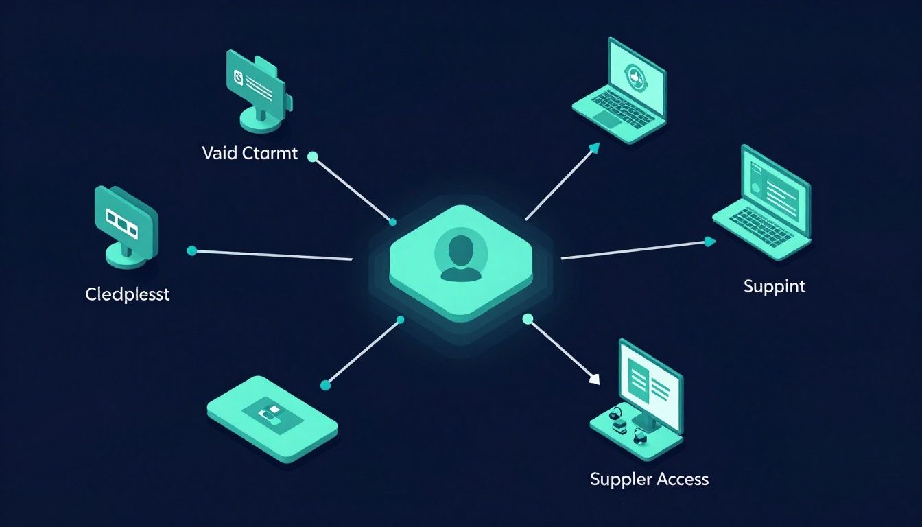 Clean isometric cybersecurity operations center showing a valid user credential being used across cloud, identity, endpoint, and supplier-access systems, with behavioral anomaly signals connecting the activity into one attack path, dark navy and teal palette, no text