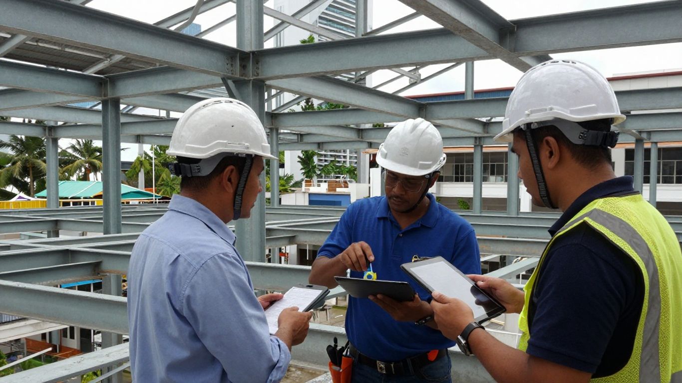 Engineers inspecting steel frame in tropical building