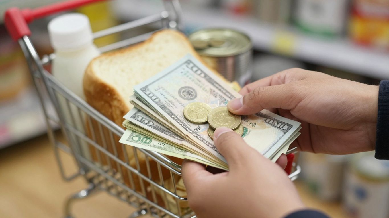 Mano con dinero y carrito de compras con comida.