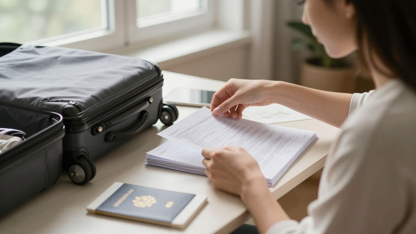 A woman organizing travel documents and luggage quickly