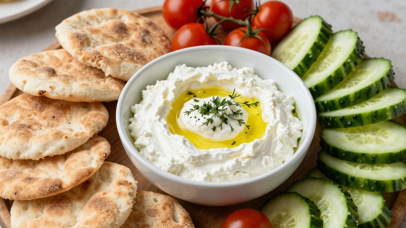 Bowl of whipped feta dip with pita and vegetables