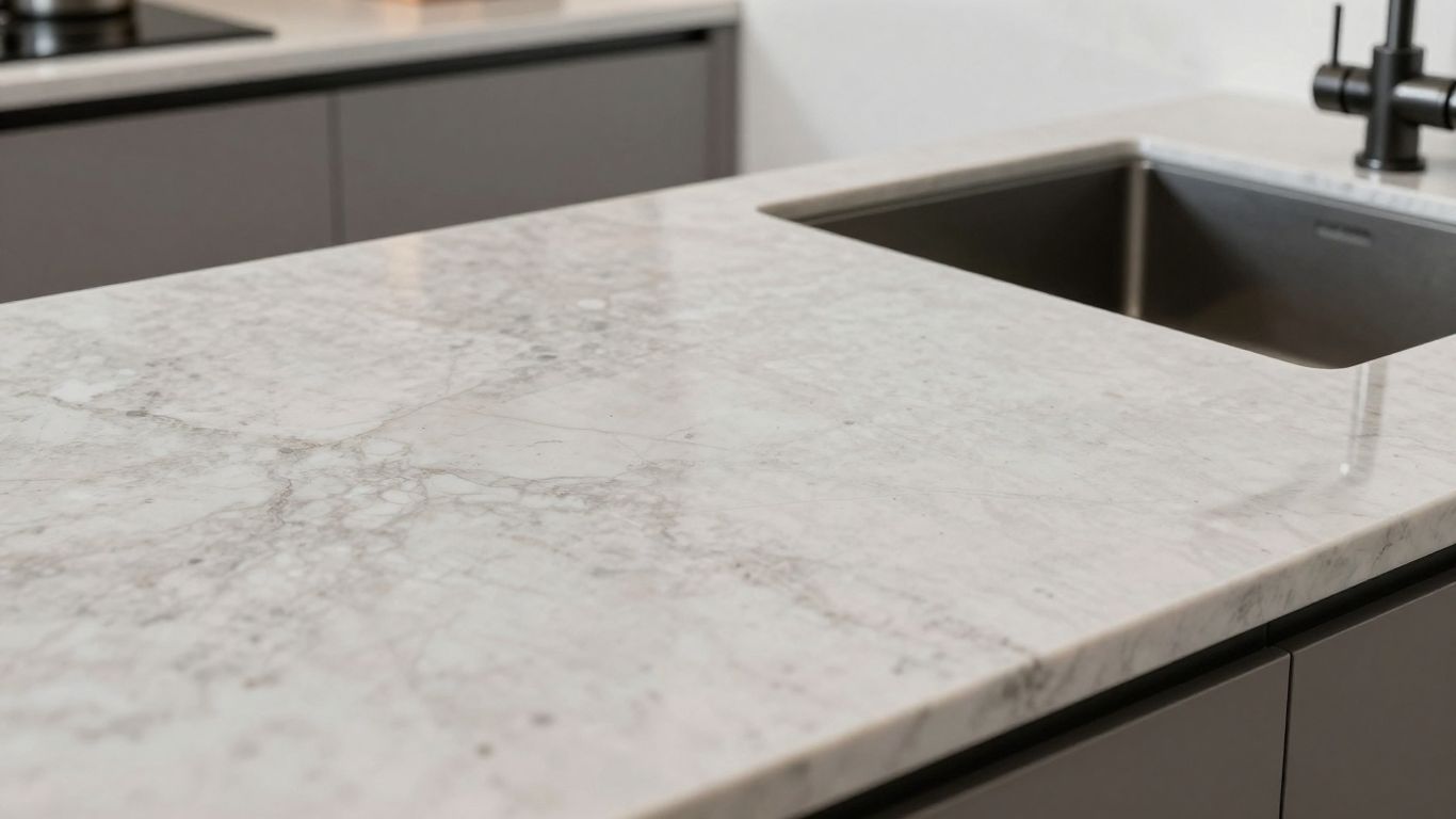Polished quartz kitchen worktop with subtle veining.