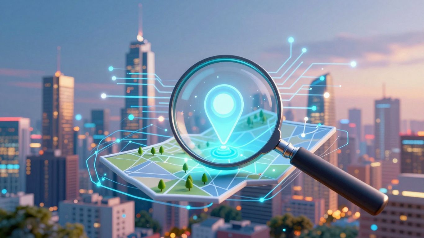 Cityscape with digital connections and magnifying glass on map.