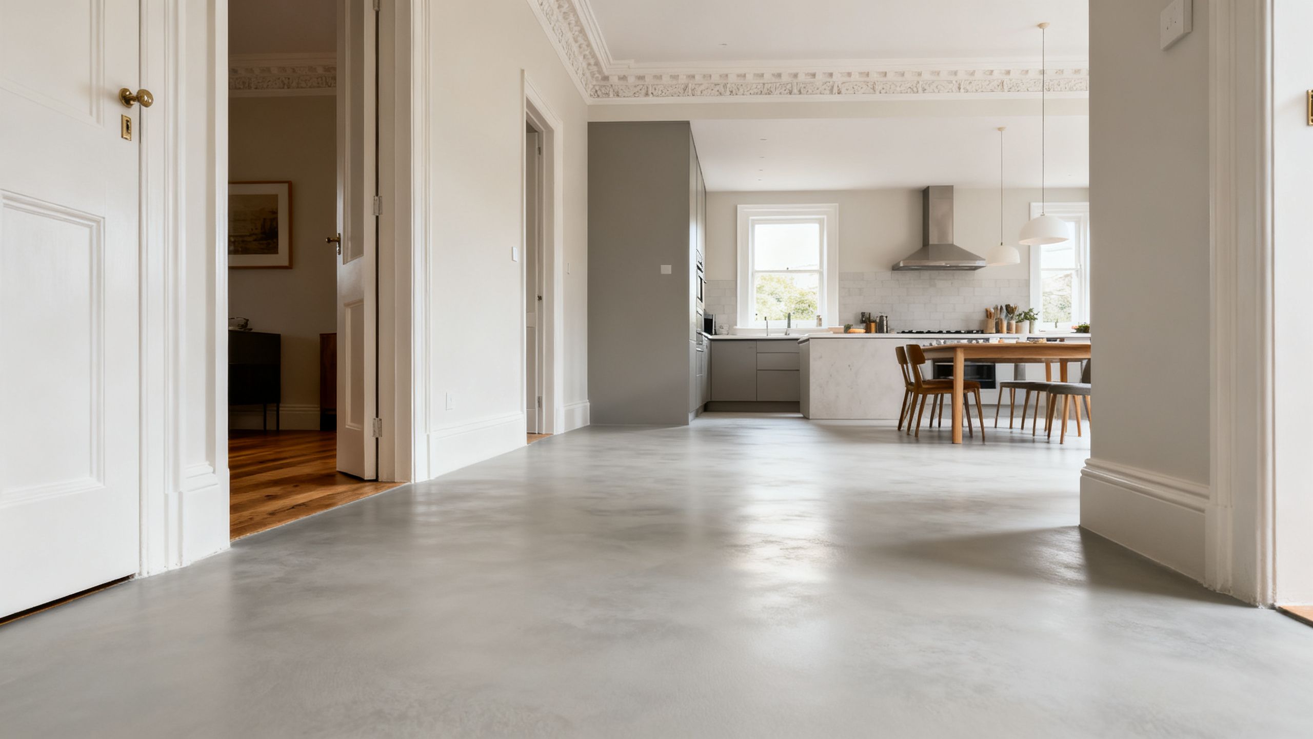 Completed seamless microcement floor running continuously through the hallway and kitchen-diner of a Bishopston Victorian terrace
