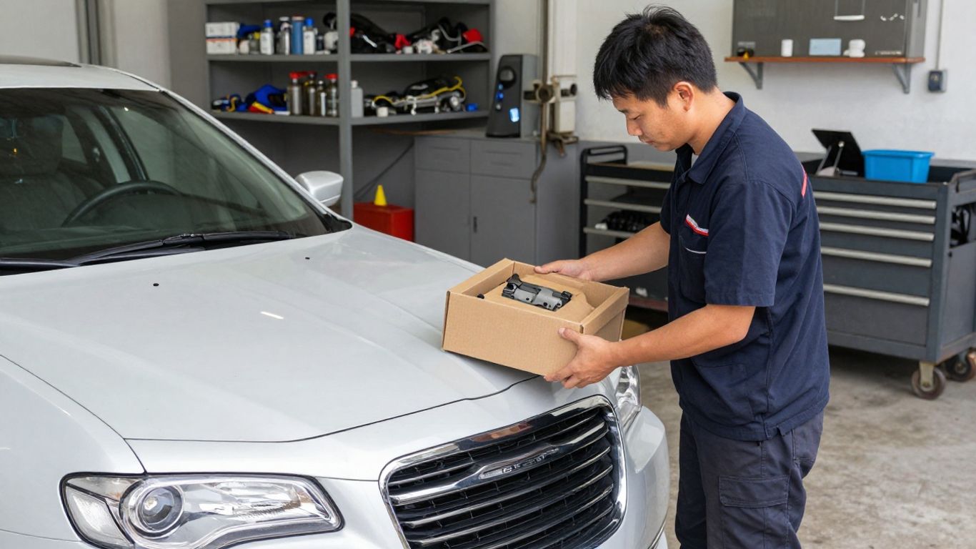Mechanic receiving a car part beside service vehicle