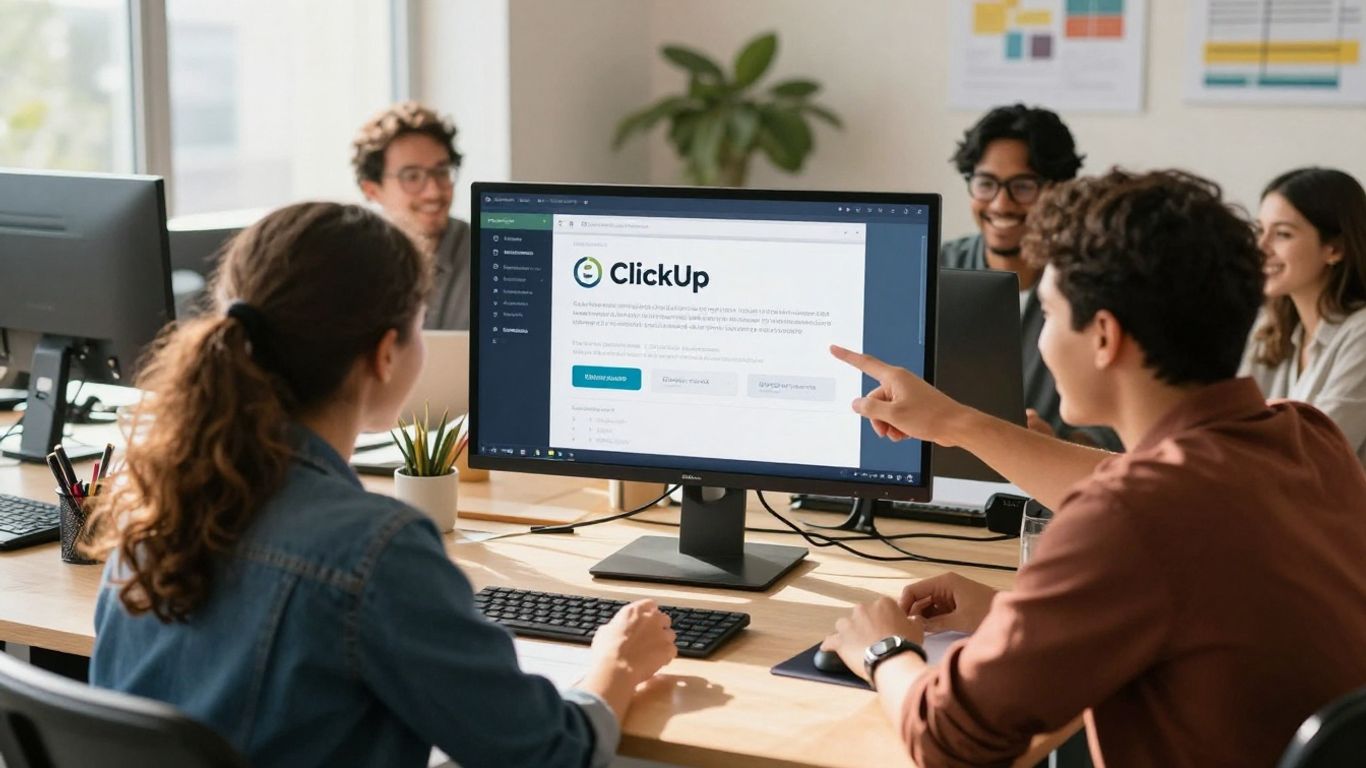 Team collaborating on ClickUp project management software.