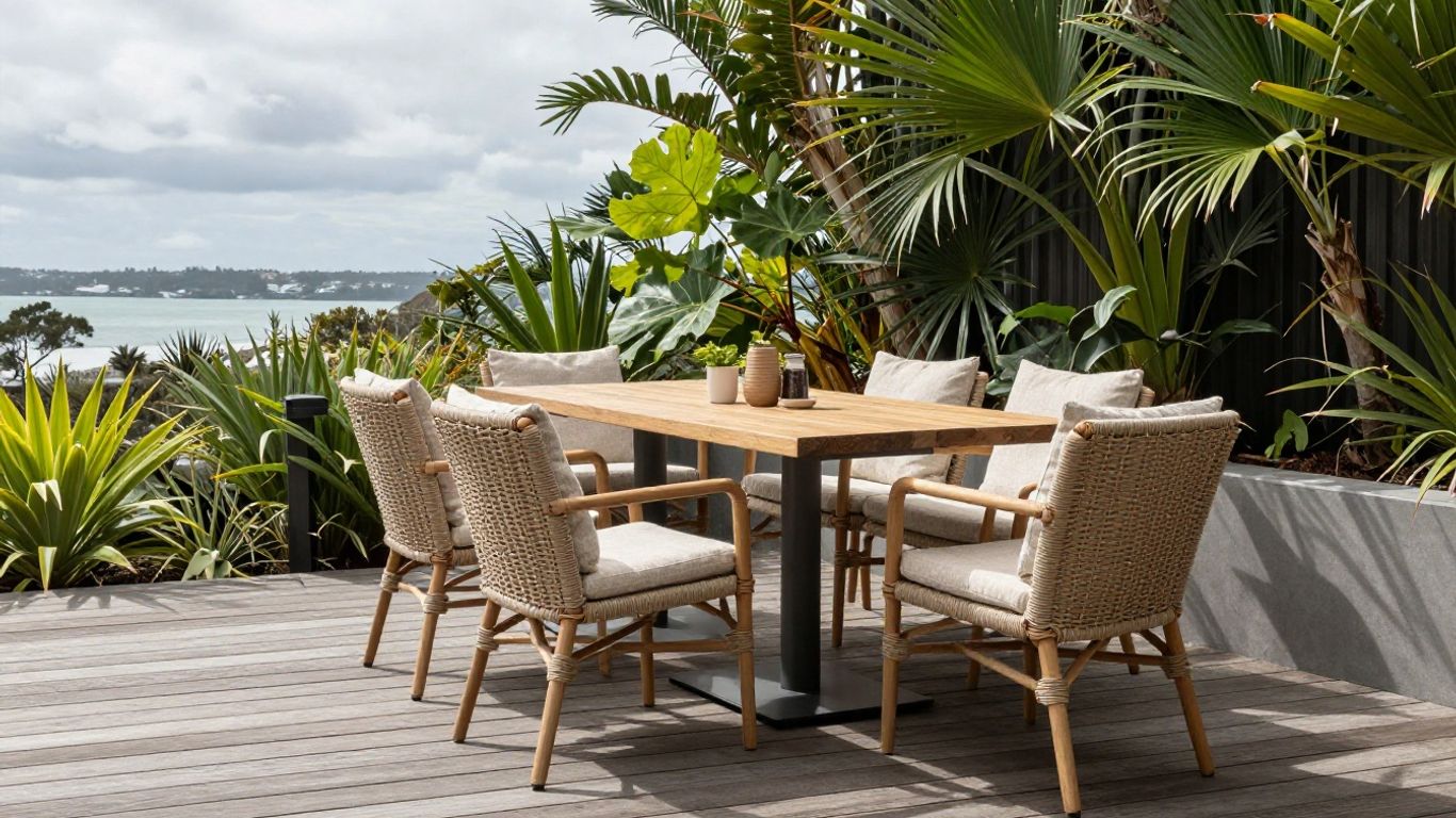Outdoor furniture arranged on a sheltered Auckland deck
