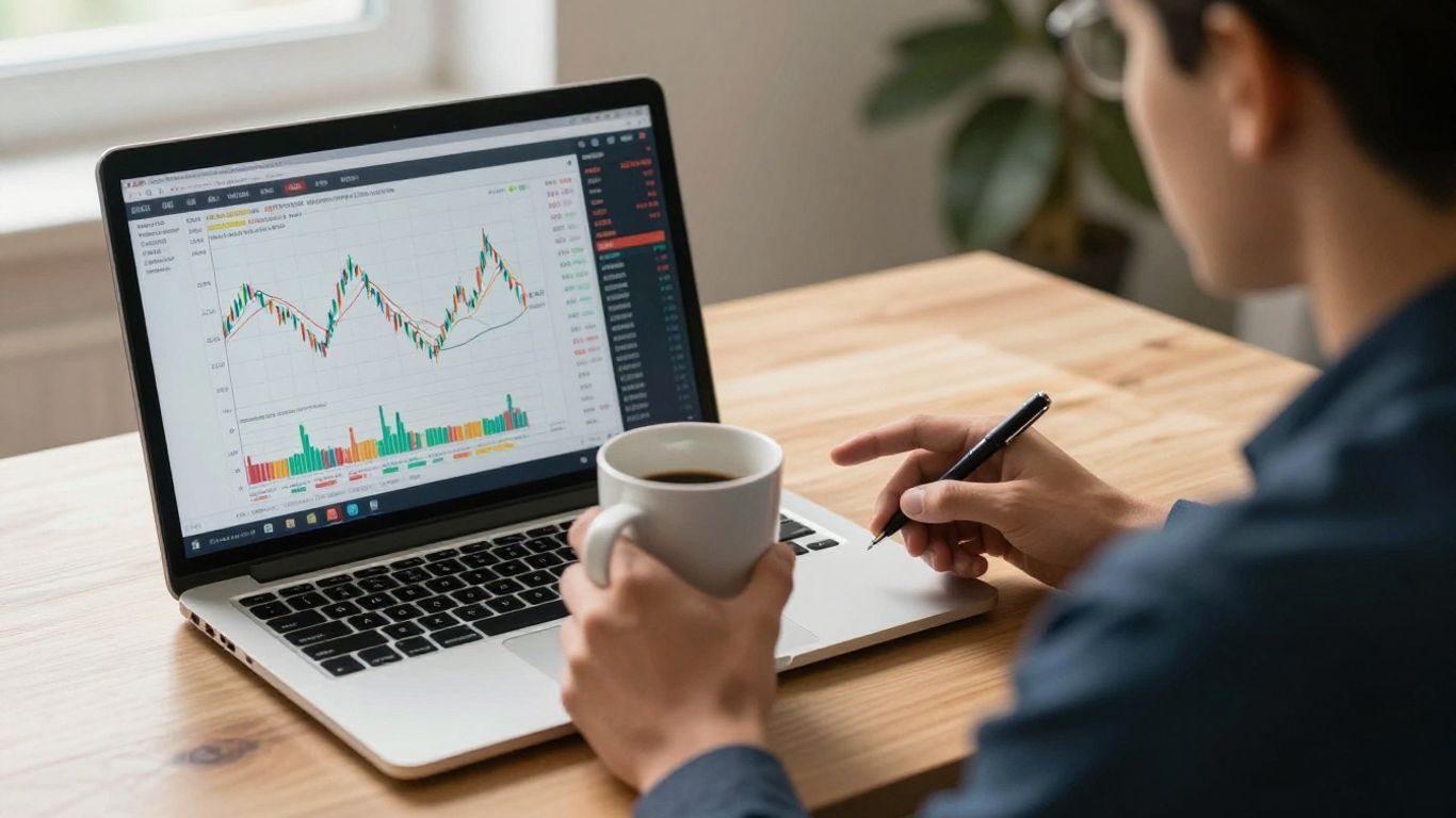Beginner day trader at a desk with laptop.