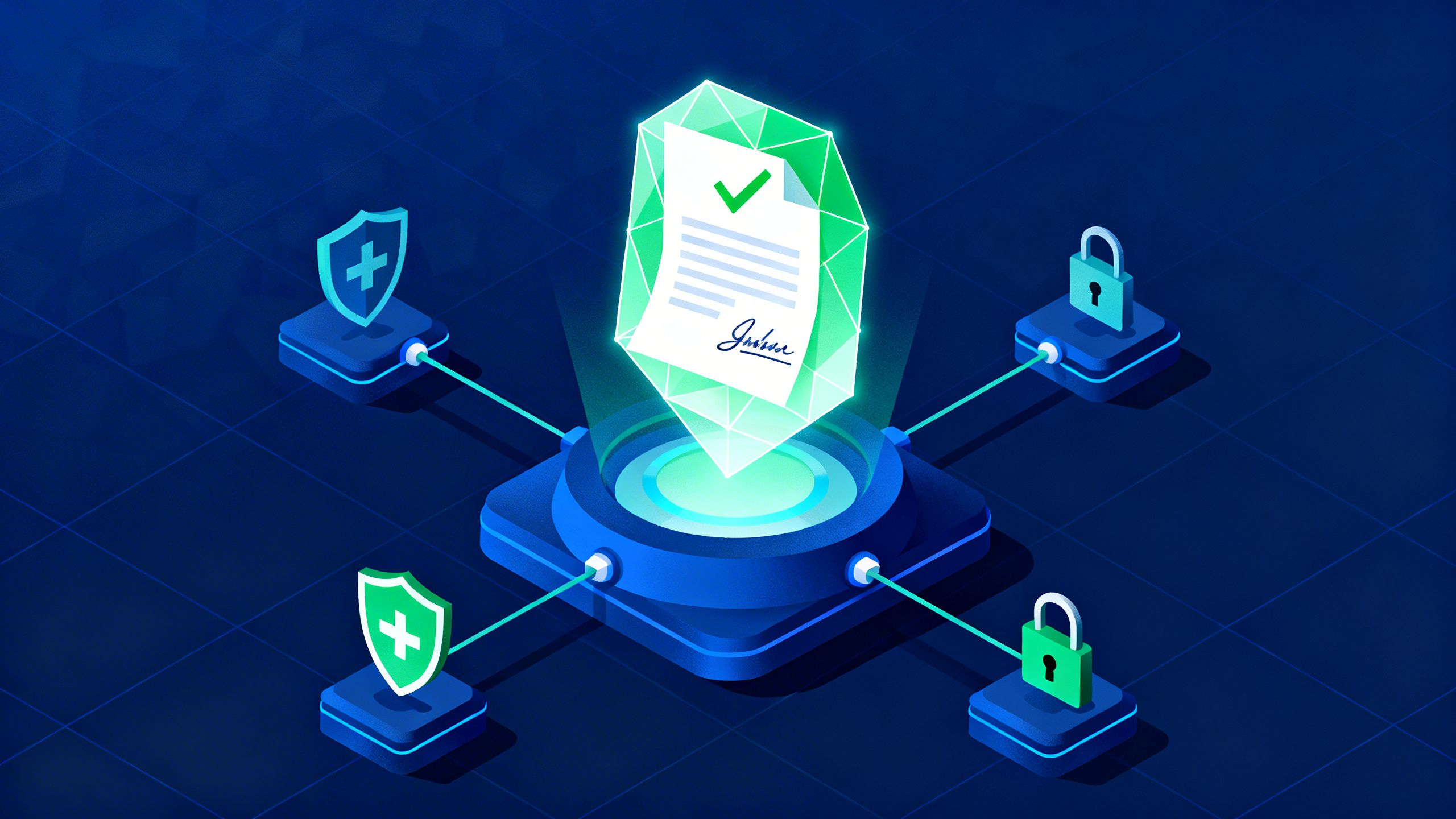 An abstract illustration showing a signed digital contract being securely stored in a centralized system, representing a successful deal closing for a security company crm