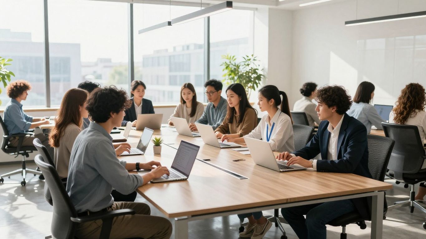 AI startup team collaborating in a modern office.