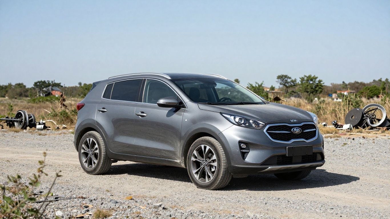 A worn Kia Sportage parked on a professional salvage lot