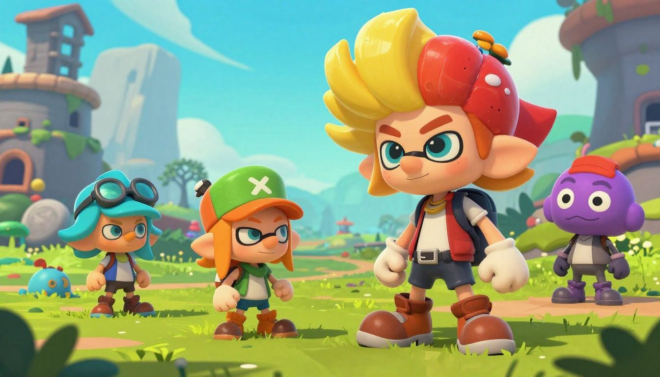 Cena de exploração em um mundo pós-apocalíptico colorido de Splatoon Raiders, com personagens recolhendo sucatas entre ruínas e procurando o caminho de casa