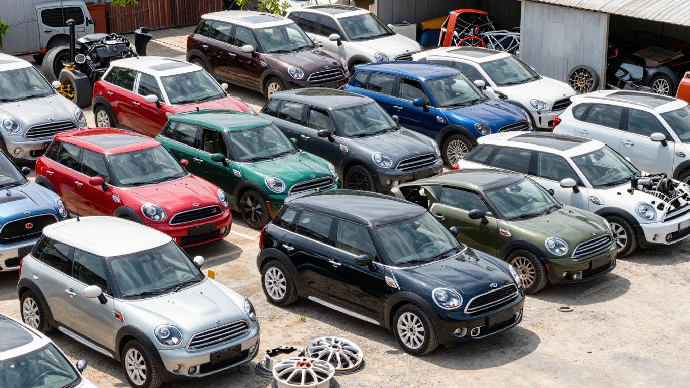 Mini Cooper Countryman parts in a salvage yard.