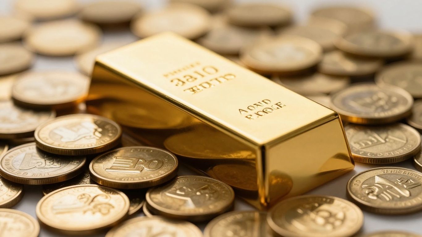 Lingot d'or et pièces d'or sur fond flou.