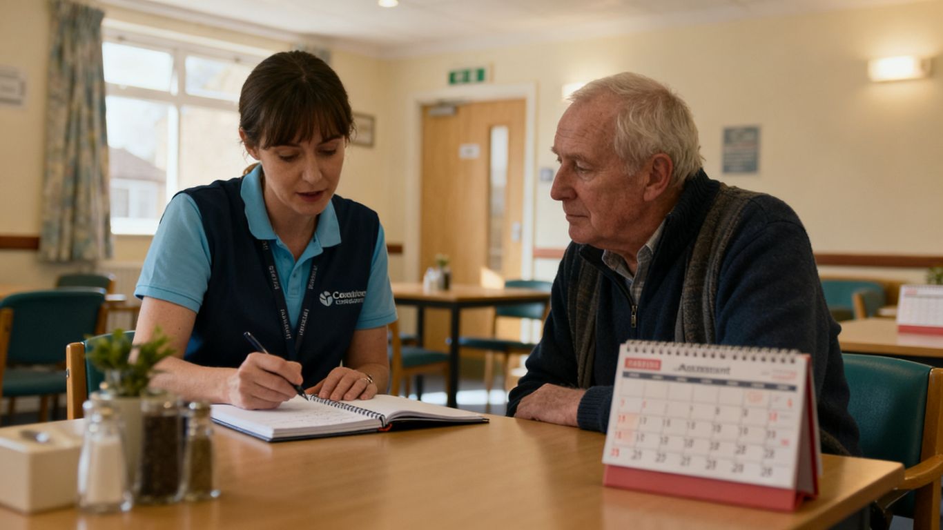 Hostel support worker speaking with resident