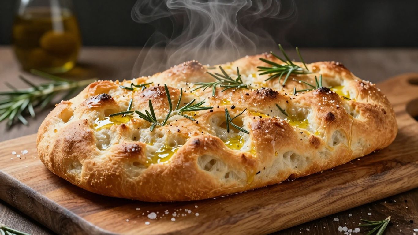 Golden focaccia bread with rosemary and sea salt.