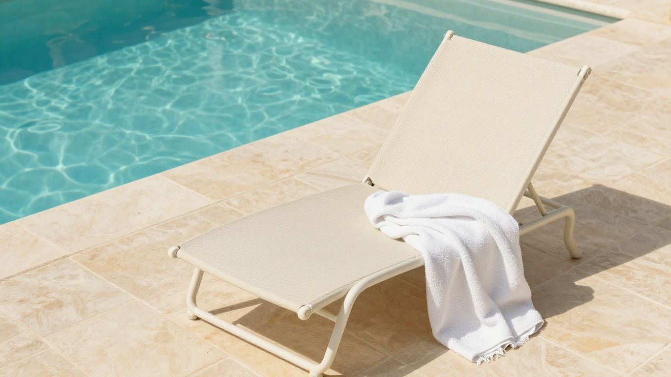 Fabric-covered pool float resting beside blue water