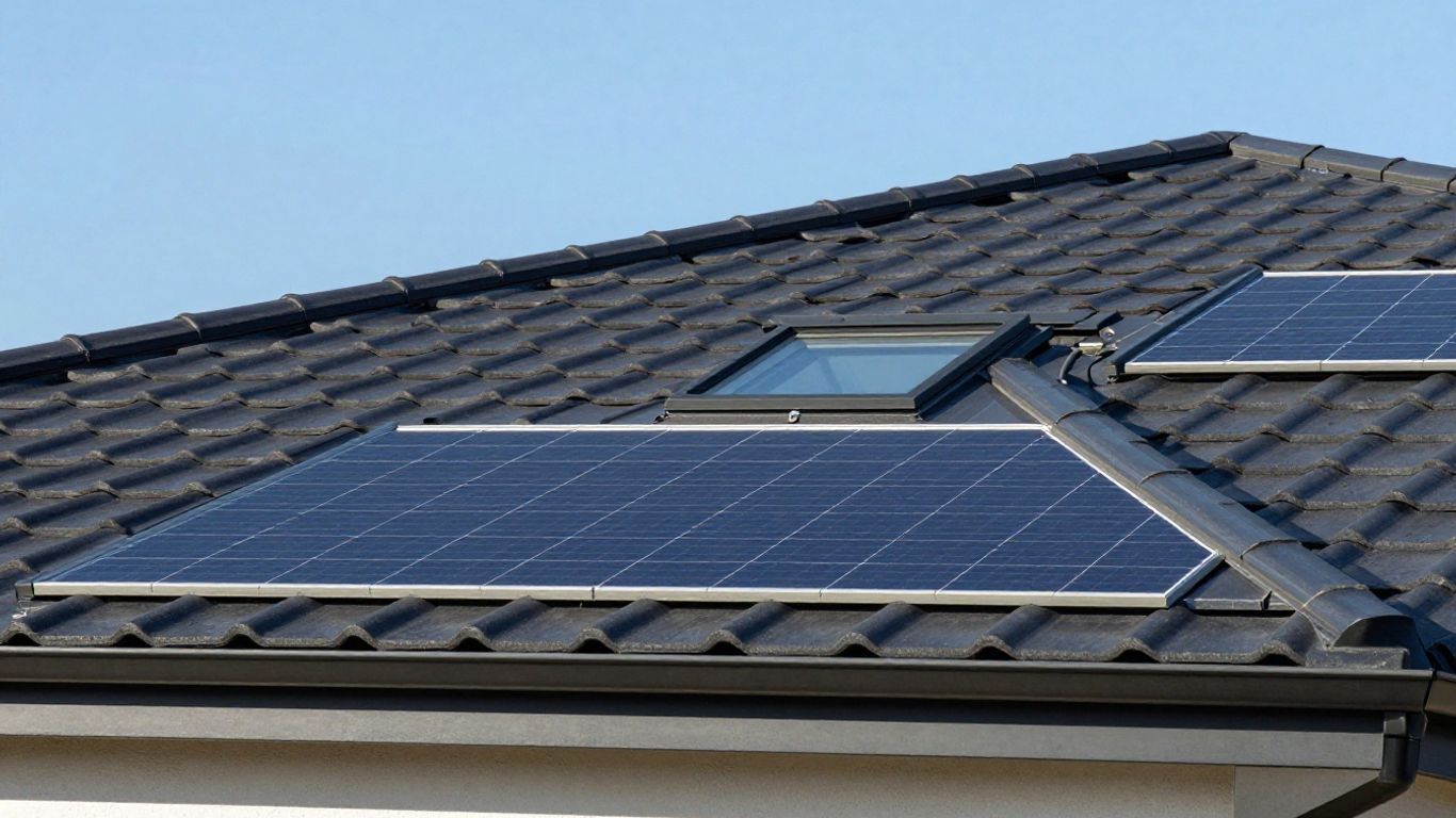 Toit de maison avec des tuiles solaires intégrées.