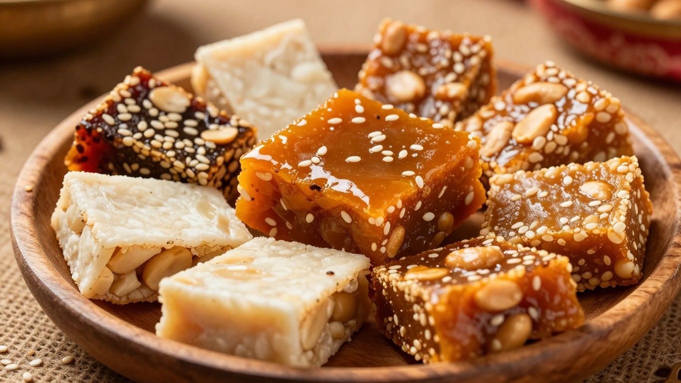 Assorted crispy gajak pieces on a wooden plate
