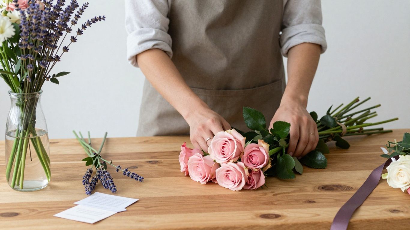 A florist prepping a get well bouquet