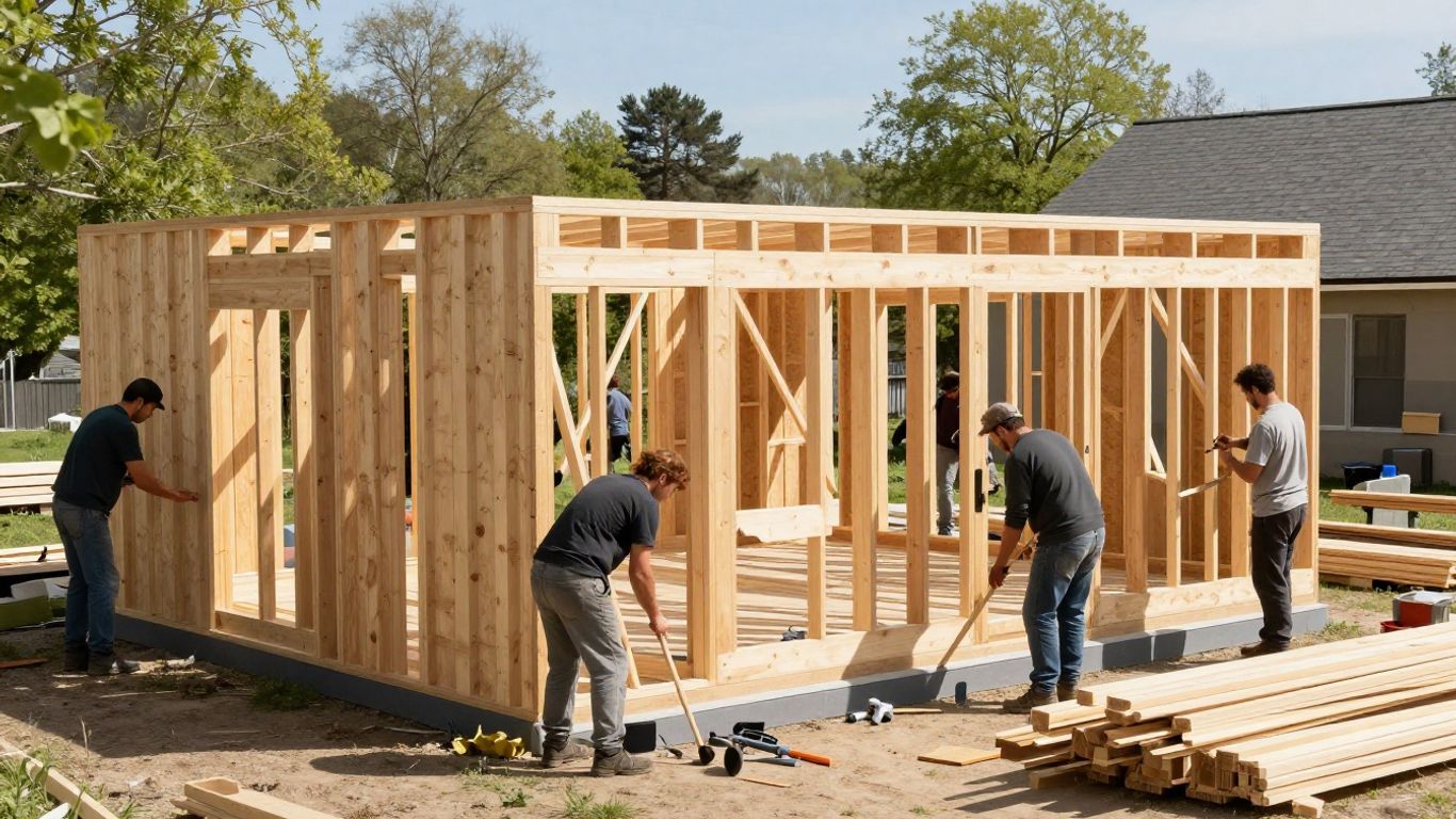 Workers quickly assembling a wooden shed in spring.