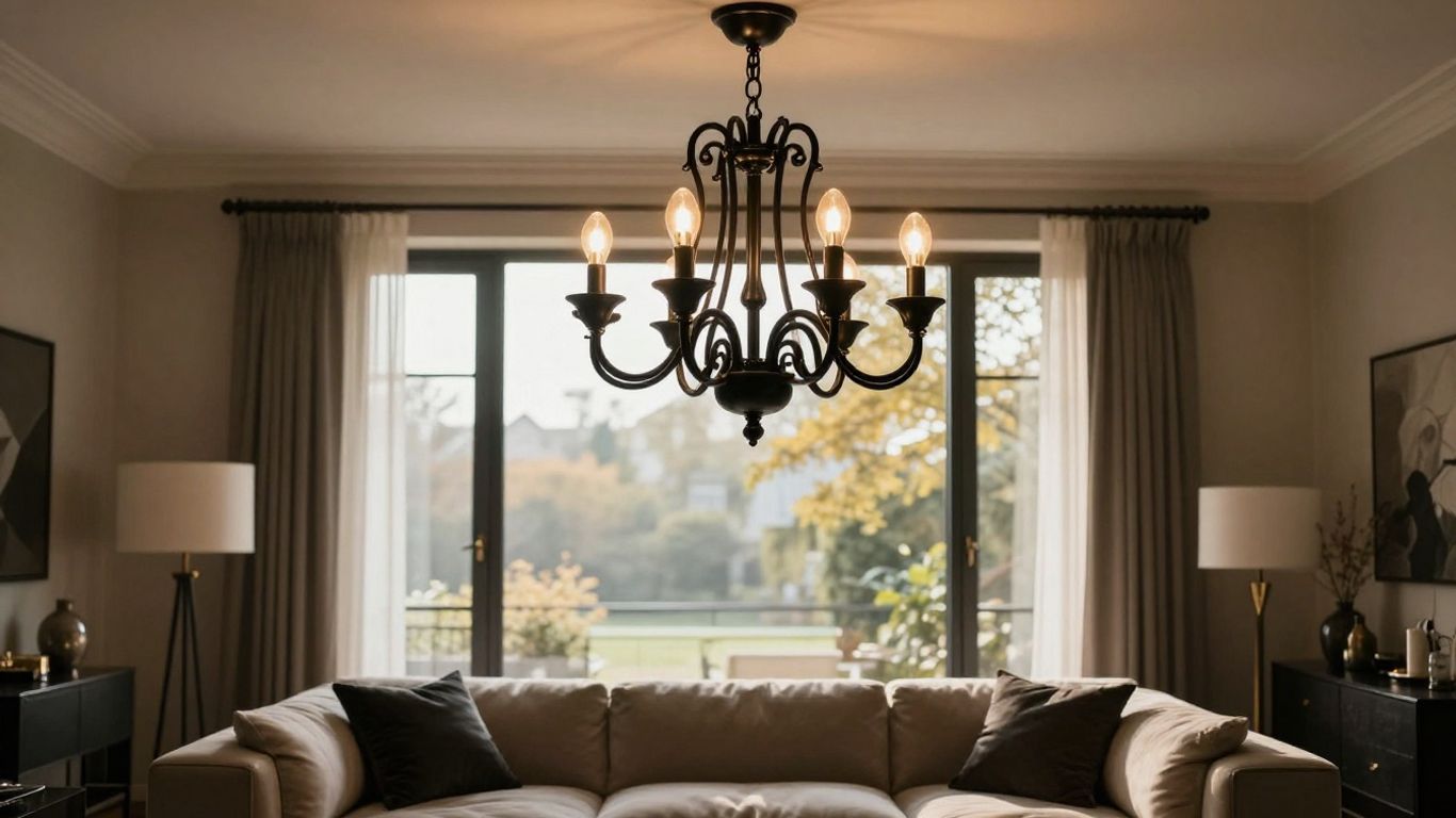 Elegant black chandelier in a modern living room.