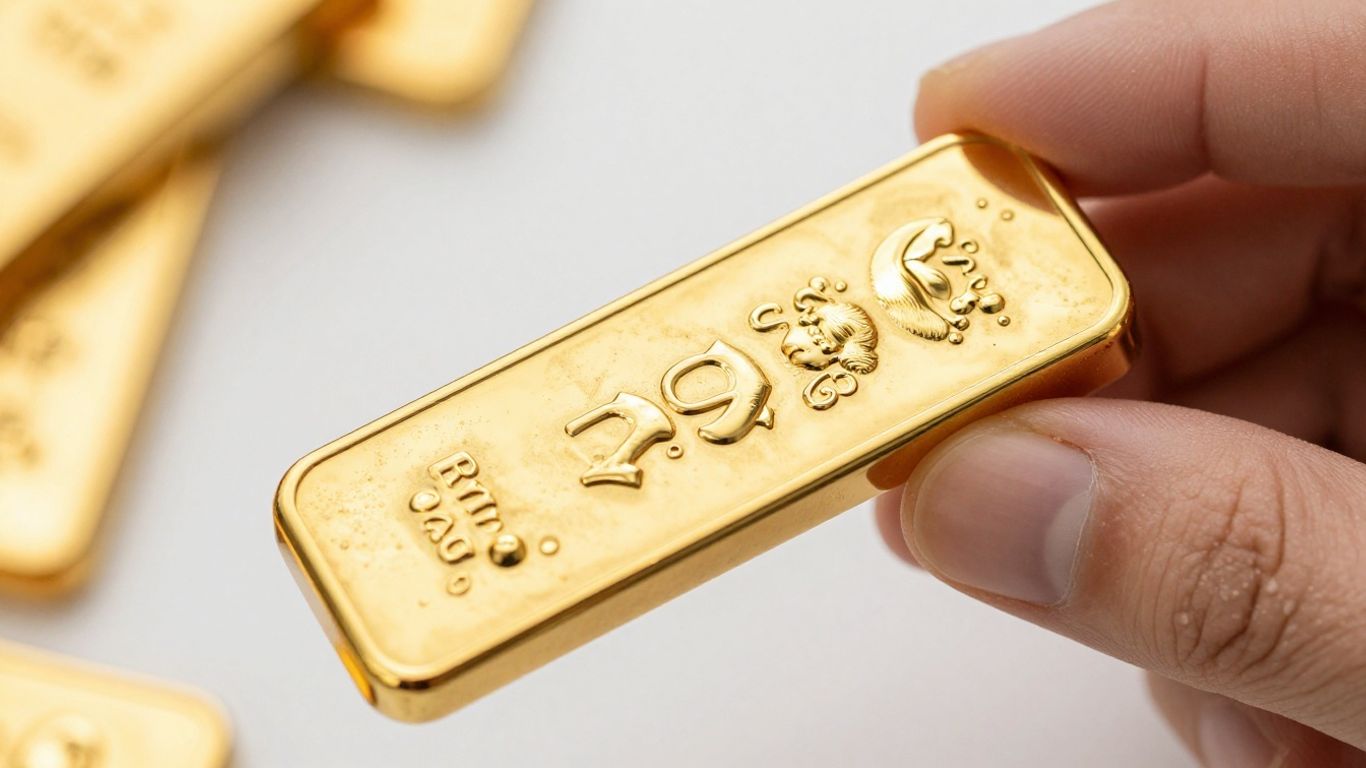 A hand holding a shiny gold bar.