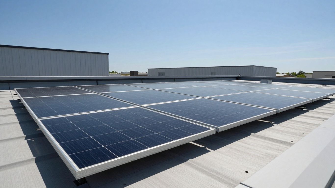 Panneaux solaires sur un toit ensoleillé, installation moderne.