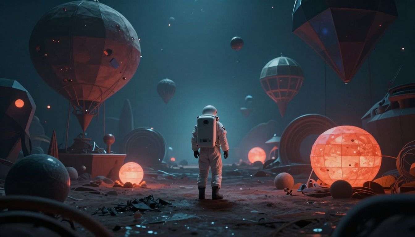 Um astronauta solitário caminhando em uma paisagem de sonhos psicodélicos com formas geométricas flutuantes e cores saturadas