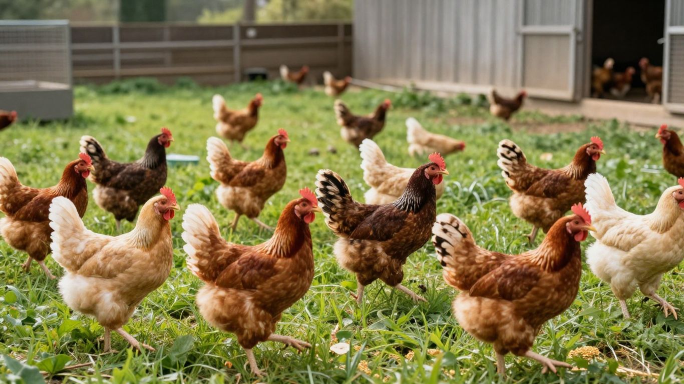 Zdrowe kurczaki na nowoczesnej farmie drobiu.