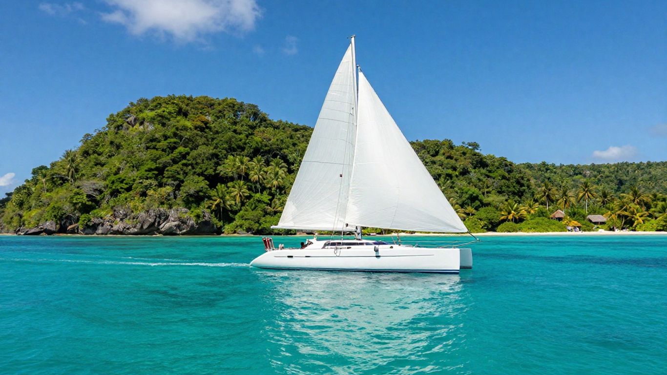 Catamaran sailing near tropical islands