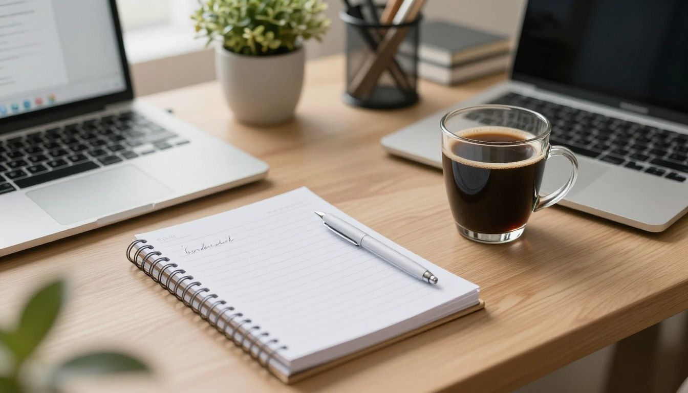 A serene, organized home office space with a notepad and a cup of coffee, representing clarity, intentional living, and personal growth.