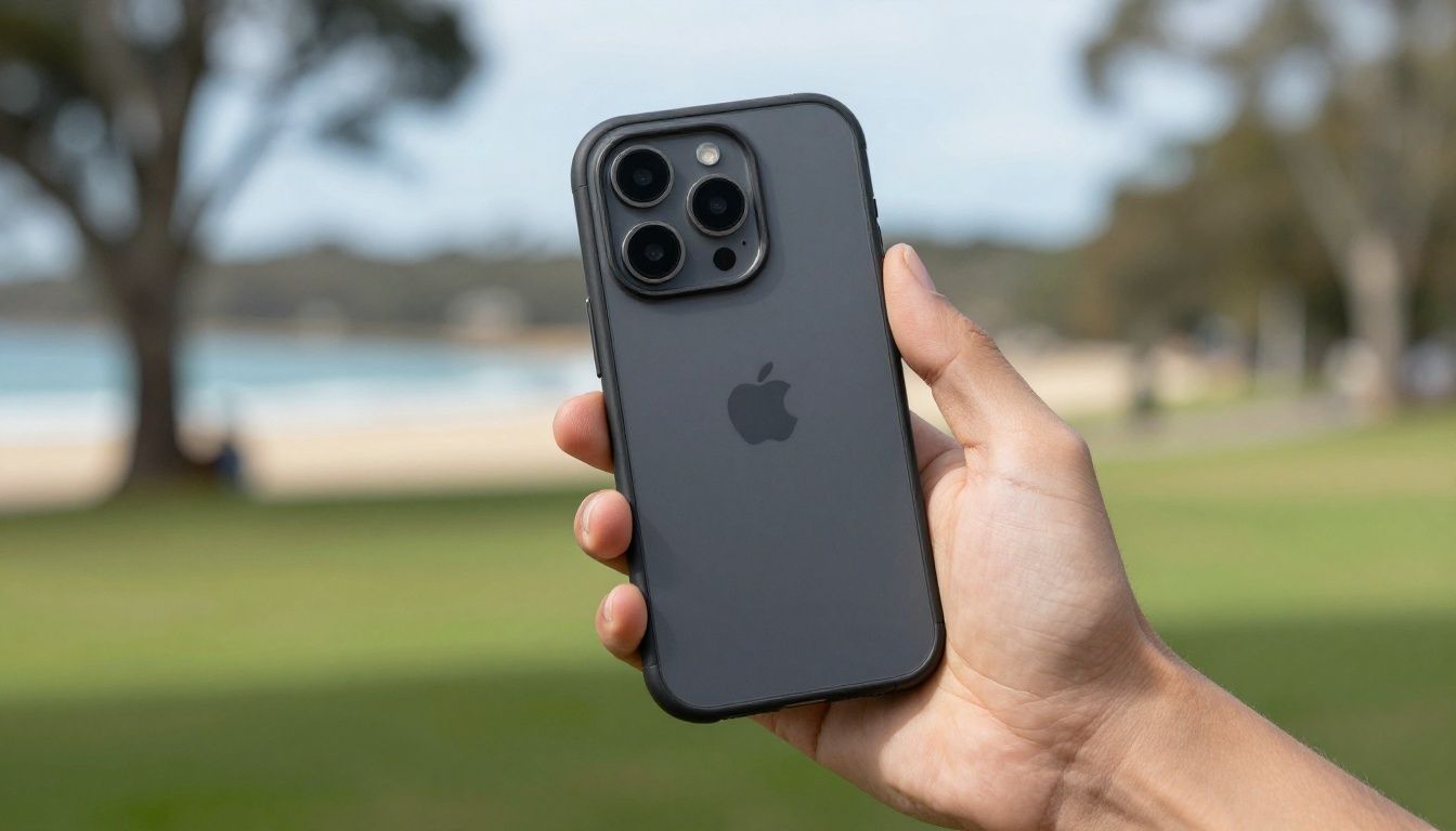 Someone's hand holding an iPhone 16 Pro Max in a sturdy-looking case, with a blurred background of an Australian park or beach.
