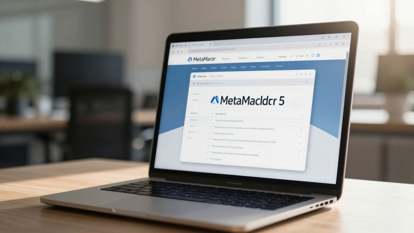 MetaTrader 5 software on a laptop screen.