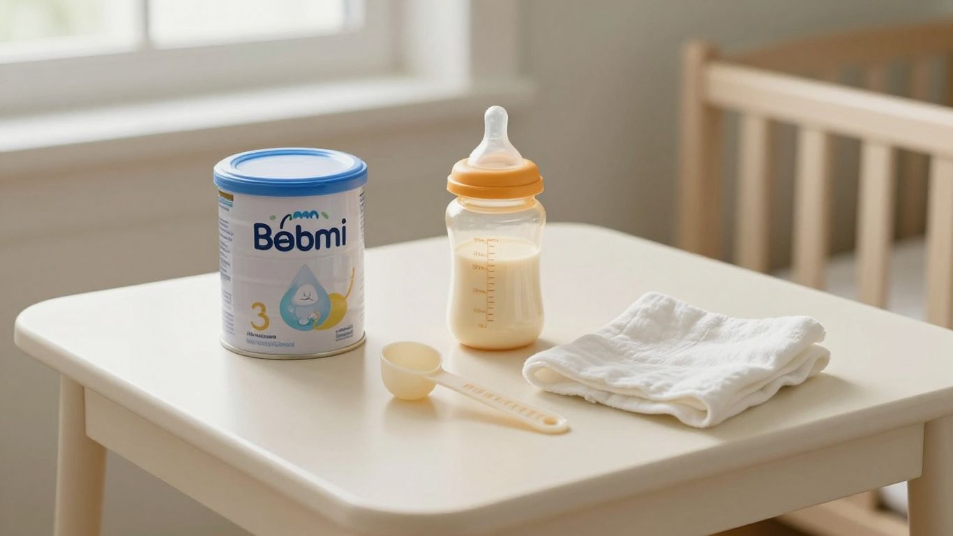 Biberón preparado junto a latas de fórmula infantil