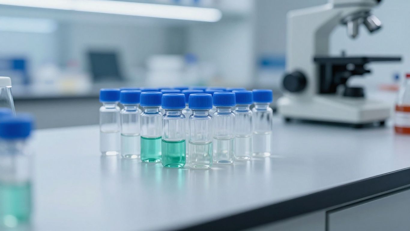 Laboratory vials with clear liquid for muscle growth.