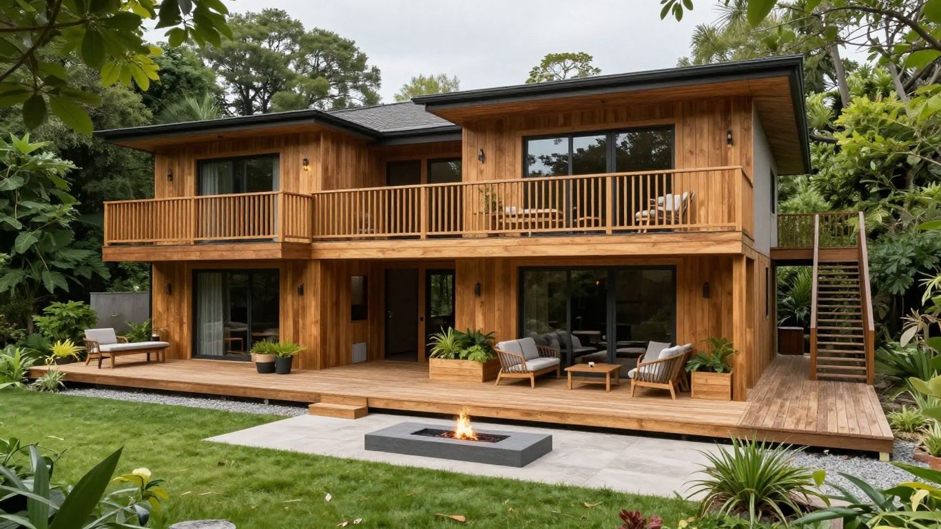 Multi-level deck with seating, planters, and fire pit.