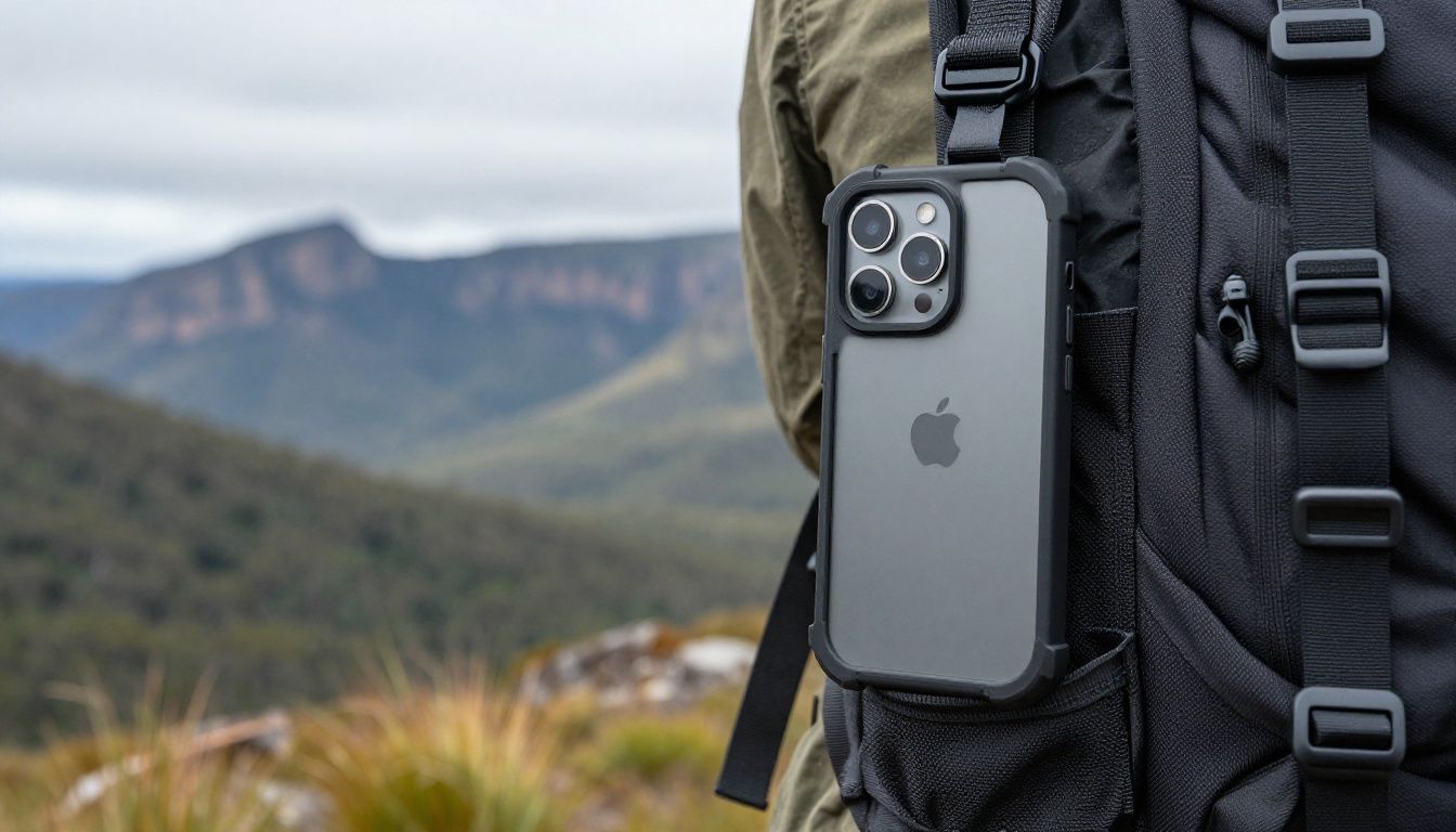 A person hiking in the Grampians National Park, taking their iPhone 15 Pro out of their backpack pocket, showing its durable, protective case against a scenic backdrop.