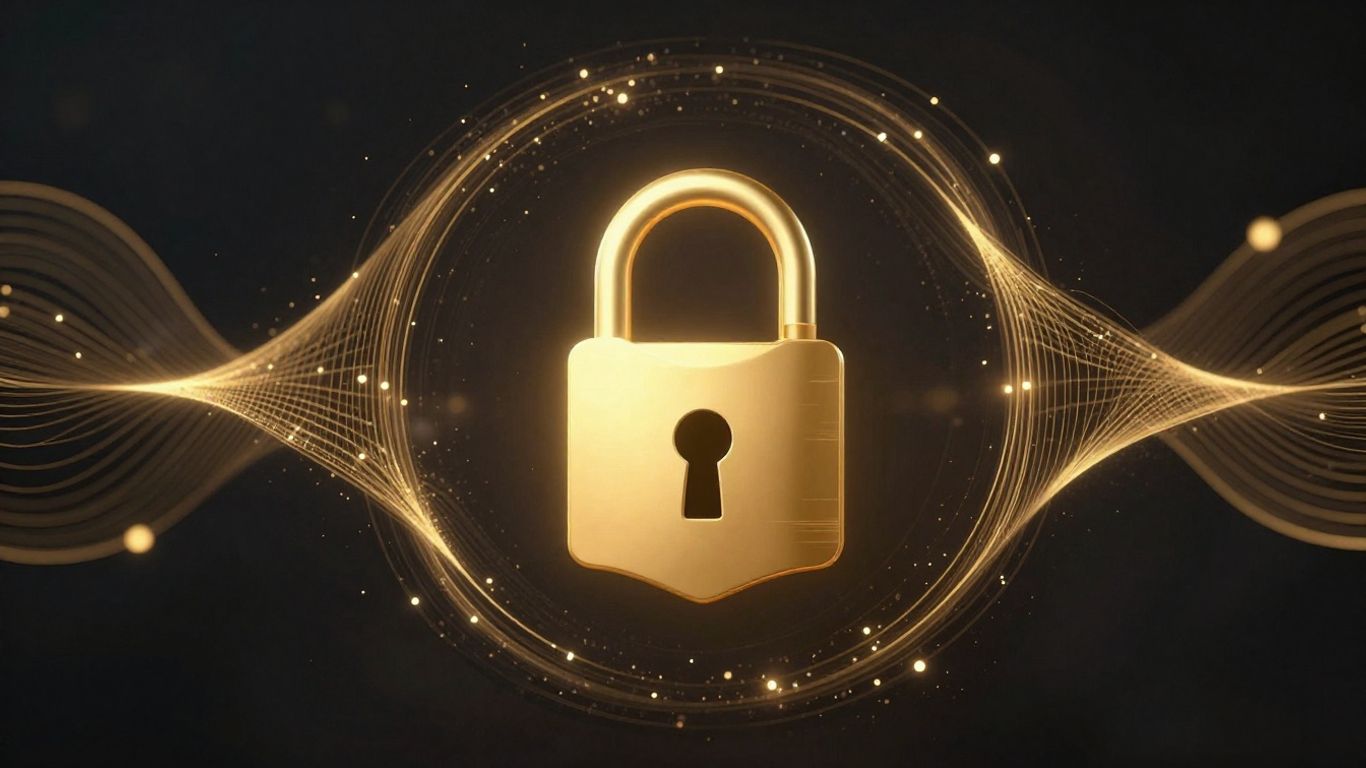 Abstract digital lock with gold accents on dark background.