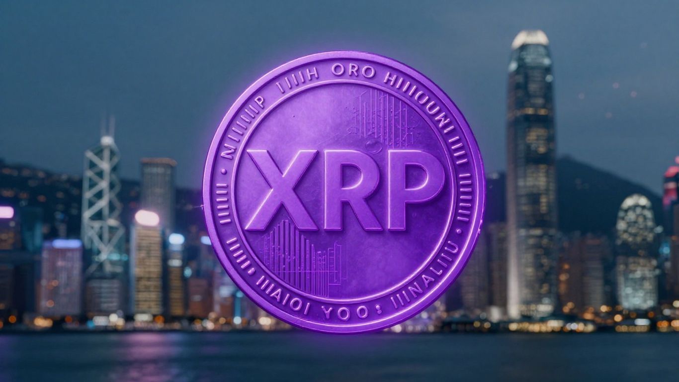 XRP cryptocurrency coin with Hong Kong cityscape background.