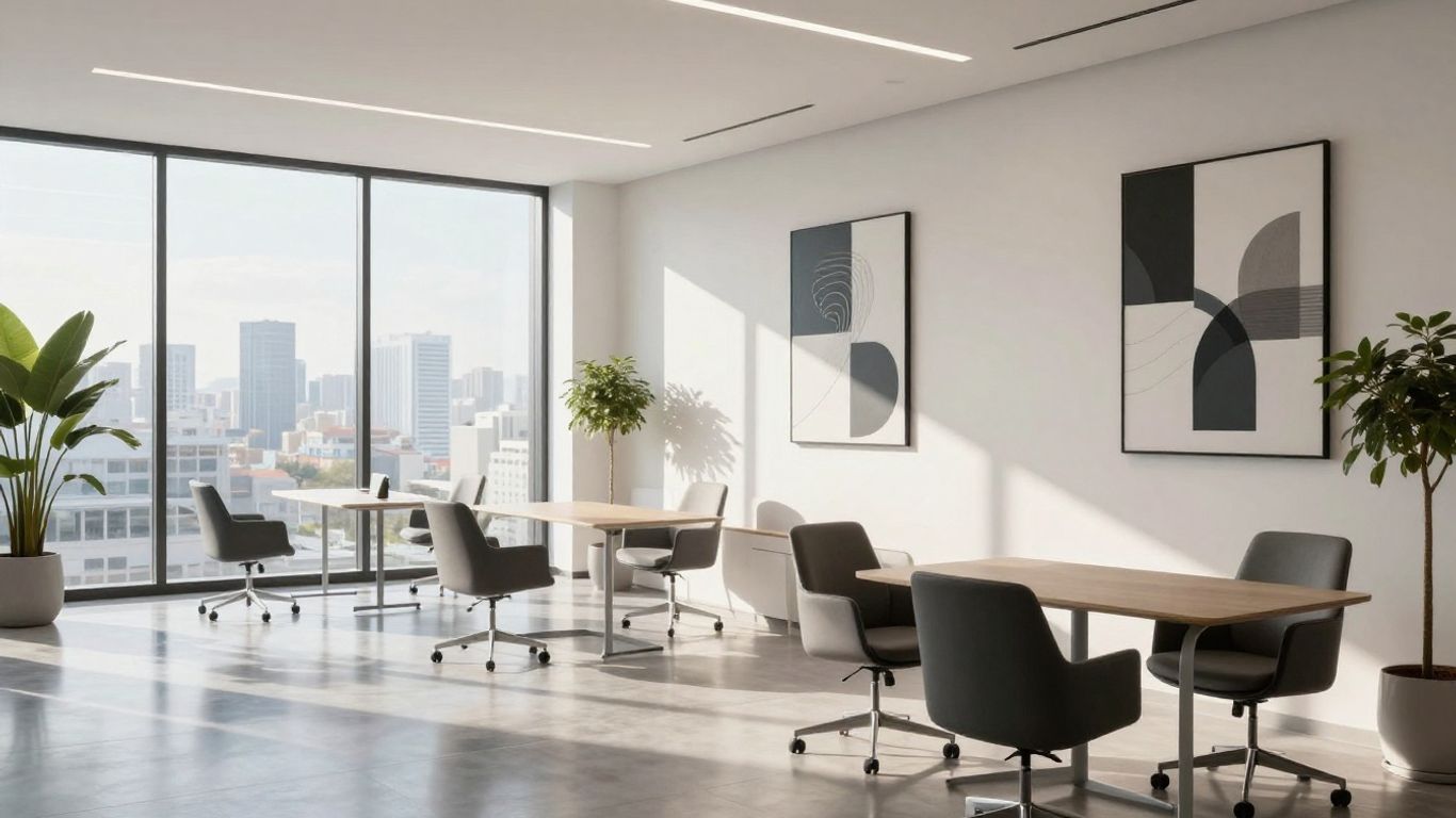 Modern office interior with digital art and sunlight.