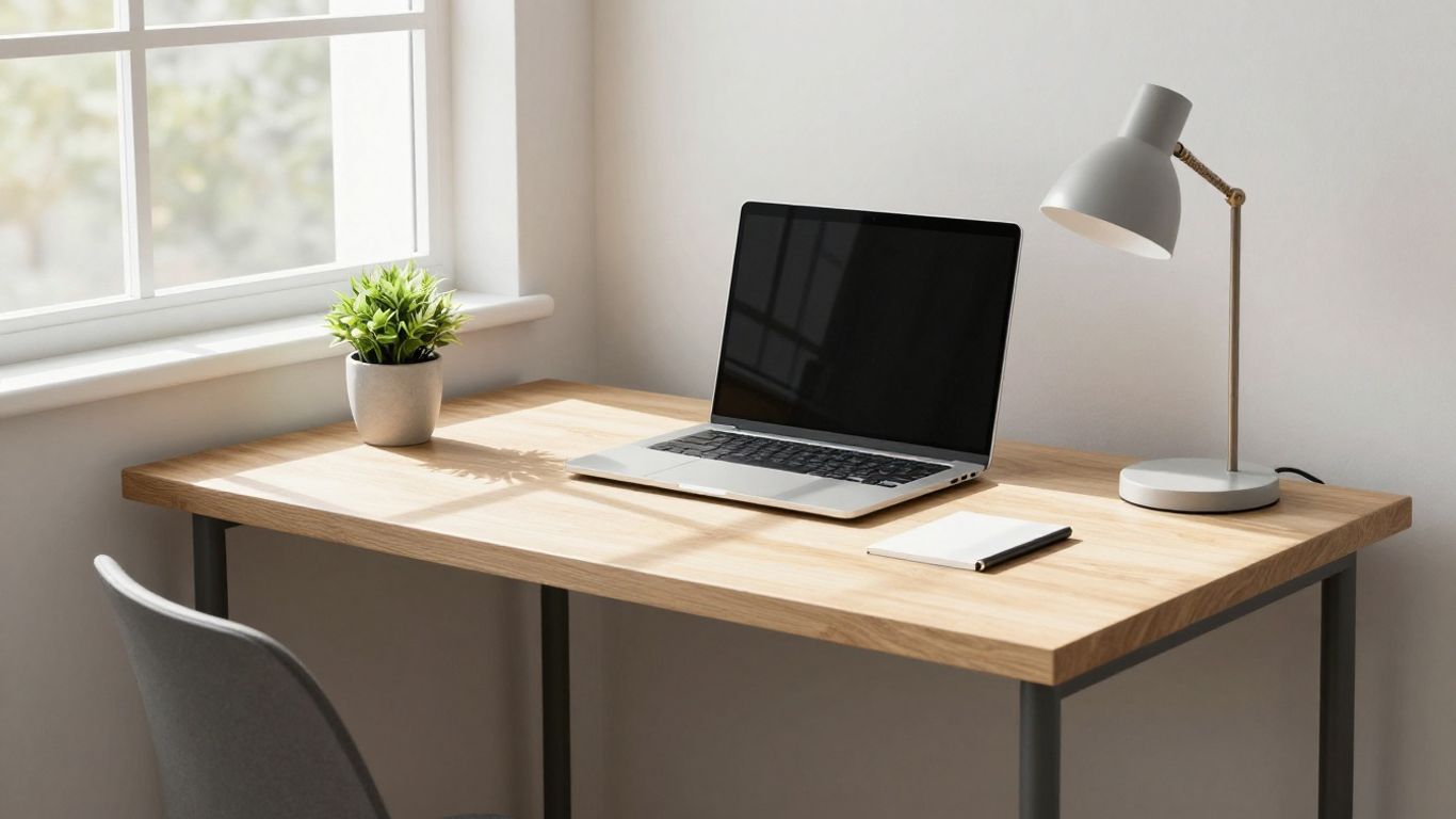Neatly arranged small home office desk with laptop and plant.