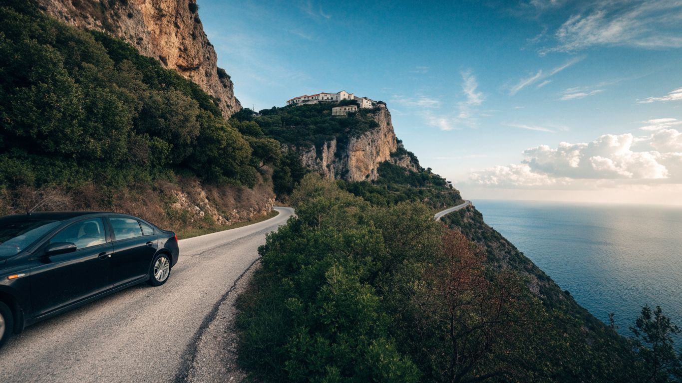 Taxi on a winding road above the coast